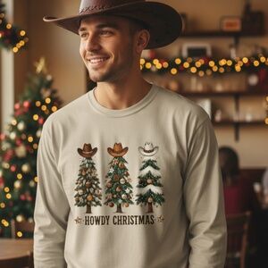 Howdy Christmas Western Tree T-shirt Rustic Design Unisex S M L XL XXL Tan